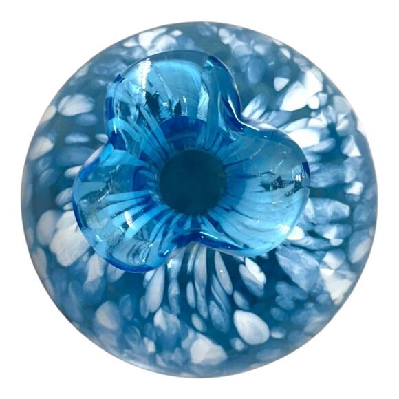 Handblown Art Glass Vase Bulbous Ruffled Edge Blue & White Polka Dot Accent MCM - Picture 3 of 5